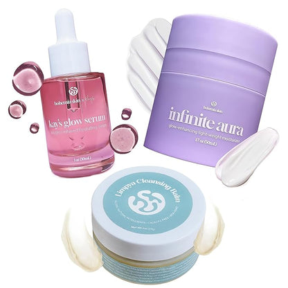 Kay’s Glow Serum + Infinite Aura Moisturizer + Boho Cleansing Balm – Oxygen-Infused THDA Vitamin C with Gentle AHA for Face and neck | Hydrates, Soothes and Brightens Bundle