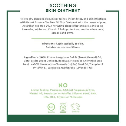 Desert Essence TEA TREE OIL SKIN OINTMENT – Itch Relief, Rash Cream for Razor Burn - Soothing Balm with Lavender & Jojoba - Gluten & Cruelty-Free - 1 oz