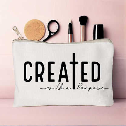Created With a Purpose Women Makeup Bag Christian Decor Self Love Gift Toiletry Bag Religious Faith Cosmetic Pouch Linen Cotton Inspirational Multi-Purpose Bag Gift