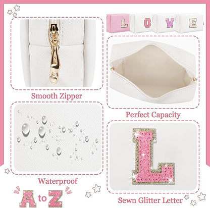 Initial Letter Patch Makeup Bag, Small Preppy A-Z Glitter Letter Cosmetic Bag, PU Leather Waterproof Travel Toiletry Bag, Cute Make Up Pouch Personalized Monogrammed Gift for Women Teen Girls