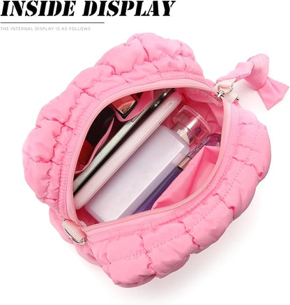Puffy Quilted Makeup Bag Small Puffer Bag Cosmetic Bags Travel Toiletry Purse for Women, Cute Organizer Pouch, Pink