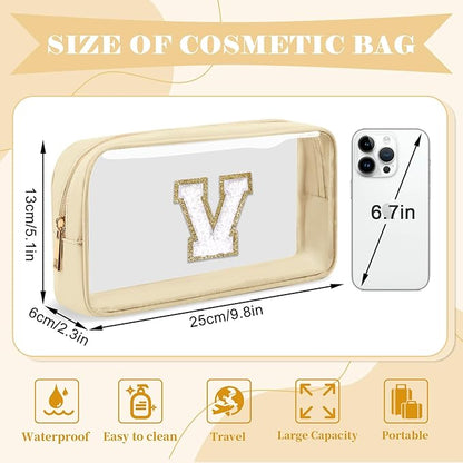 Personalized Initial Letter Clear Makeup Bag,Preppy Small Nylon&PVC Cosmetic Zipper Bag with Chenille Letter,Portable Beach Travel Skincare Toiletry Bag,Trendy Monogram Gift for Teen Girls Women,V