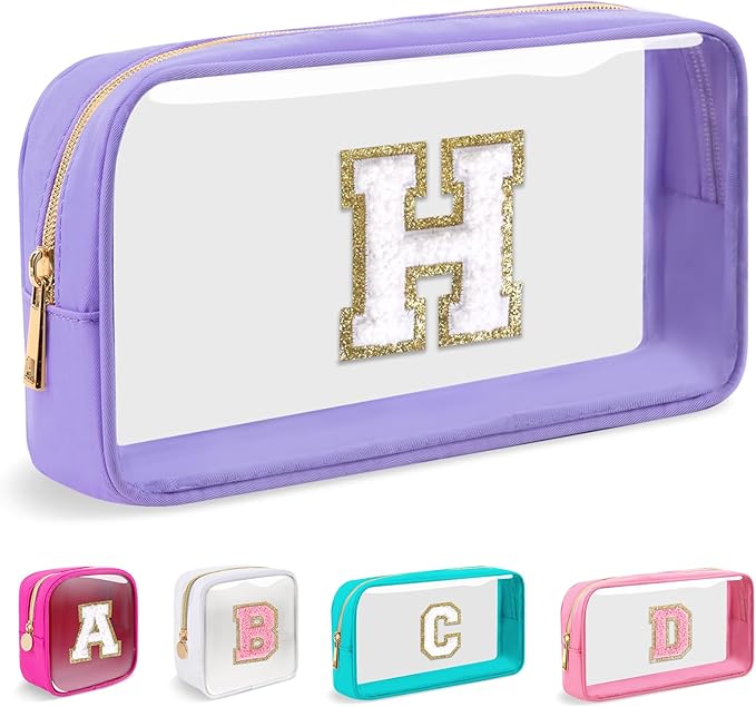 Small Clear Personalized Initial Makeup Bag,Nylon Preppy A-Z Chenille Letter Patch Cosmetic Pouch Beach Toiletry Bag,Waterproof Zip Travel Purse Storage Bag Organizer for Women Girls(Purple-White H)
