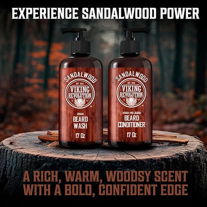 Viking Revolution Beard Wash & Beard Conditioner Set with Argan & Jojoba Oils - Softens and Strengthens - Natural Sandalwood Scent - Beard Shampoo with Beard Oil (17 oz)