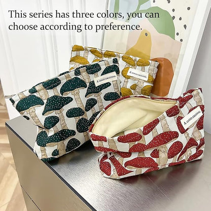 STARDW Cute Makeup Bag Aesthetic Cosmetic Bags for Women Girls, Travel Toiletry Bag Large Capacity Zipper Makeup Pouch, Purse Organizer Pouches,Canvas Lining (Green Mushroom)