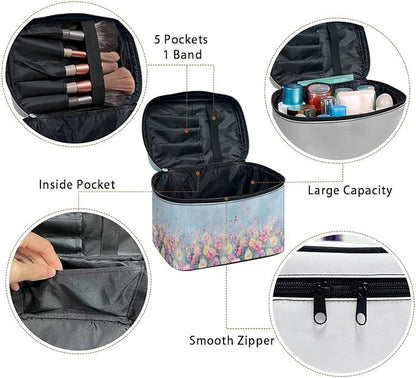 Butterfly Vibrant Rose Floral Print Travel Makeup Bags for Women Portable Tote Cosmetic Case with Carry Handle Toiletry Accessories Storage Organizer Bags