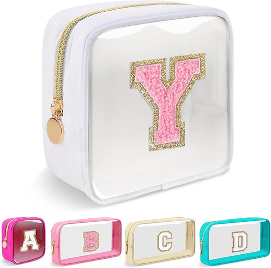 Mini Clear Personalized Initial Makeup Bag, Small Preppy A-Z Chenille Letter Patch Cosmetic Pouch, Transparent PVC & Nylon Waterproof Zip Beach Toiletry Bag,Gift for Women Girls(White-Pink Y)