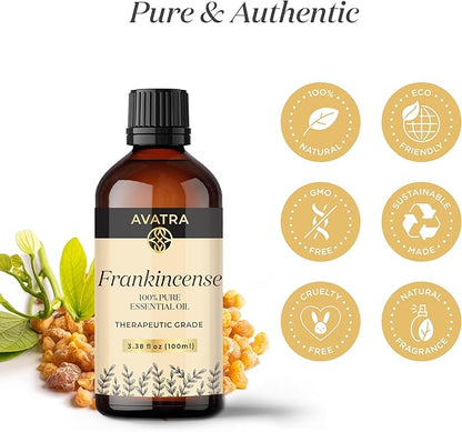 Avatra Frankincense Essential Oil 100ML (3.38 OZ) with Glass Dropper and Travel Bottle, Pure and Natural Therapeutic Grade Frankincense Oil for Diffuser, Aromatherapy, Massage, and DIY Candle Products