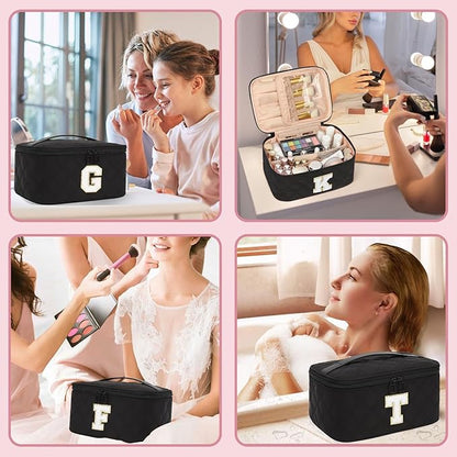 OCHEAL Makeup Bag for Women, Monogram Cosmetic Bag with Brush Holder,Black Travel Makeup Case Beauty Toiletry Bag Organizer Personalized Gifts for Girls Bridesmaid, Sister, Wife, Friends Initial M