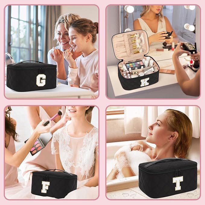 OCHEAL Makeup Bag for Women, Monogram Cosmetic Bag with Brush Holder,Black Travel Makeup Case Beauty Toiletry Bag Organizer Personalized Gifts for Girls Bridesmaid, Sister, Wife, Friends Initial S
