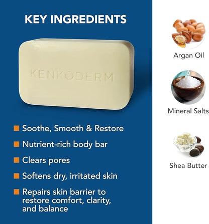 Kenkoderm Psoriasis Dead Sea Mineral Salt Soap with Argan Oil & Salicylic Acid, Natural Exfoliating Body & Face Cleanser for Sensitive Skin, Color & Fragrance Free, 4.25 Ounce, 1 Bar