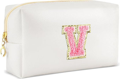Initial Makeup Bag Personalized Preppy Travel Small Cosmetic Bag Cute PU White Chenille Letter Makeup Pouch for Purse Waterproof Zippered Toiletry Organizer for Women Girls Kids Friends (V)