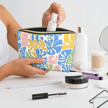 Womens Leather Makeup Bag Cosmetic Bag Travel Toiletry Bags Make Up Bags for Women Adult (Boho-Coral 1)