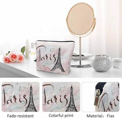 Women Cosmetic Bag Eiffel Tower, Watercolor Paris Eiffel Tower Cute Makeup Bag For Purse Cosmetic Travel Bag For Toiletries Makeup Storage Bag Flax Skincare Bag Make Up Pouch Bags