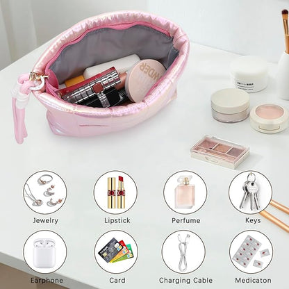 DOB SECHS Quilted Checkered Makeup Bag with Strap, Cute Puffer Cosmetic Bags for Women, Cotton Puffy Toiletry Zipper Pouch, Travel Essentials Storage Organizer Clutch Pencil Case, Iridescent Pink