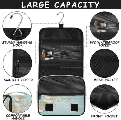 Hanging Travel Toiletry Bag for Women Men Teal Wooden Waterproof Makeup Bag Beach Starfish Portable Cosmetic Bag Travel Essentials for Traveling Accessories Toiletries Bathroom Shower