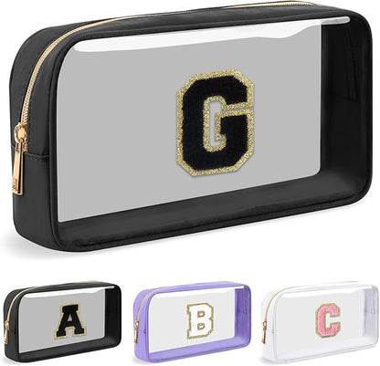Personalized Initial Letter Clear Makeup Bag,Preppy Small Nylon&PVC Cosmetic Zipper Bag with Chenille Letter,Travel Skincare Toiletry Bag,Monogram Christmas Gift for Teen Girls Women,G