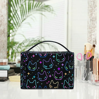 Goth Makeup Bag, Colorful Neon Cat Heads Makeup Organizer Bags Toiletry Bag Box Travel Cosmetic Bag Make Up Train Case for Women Teen Girl Ladies