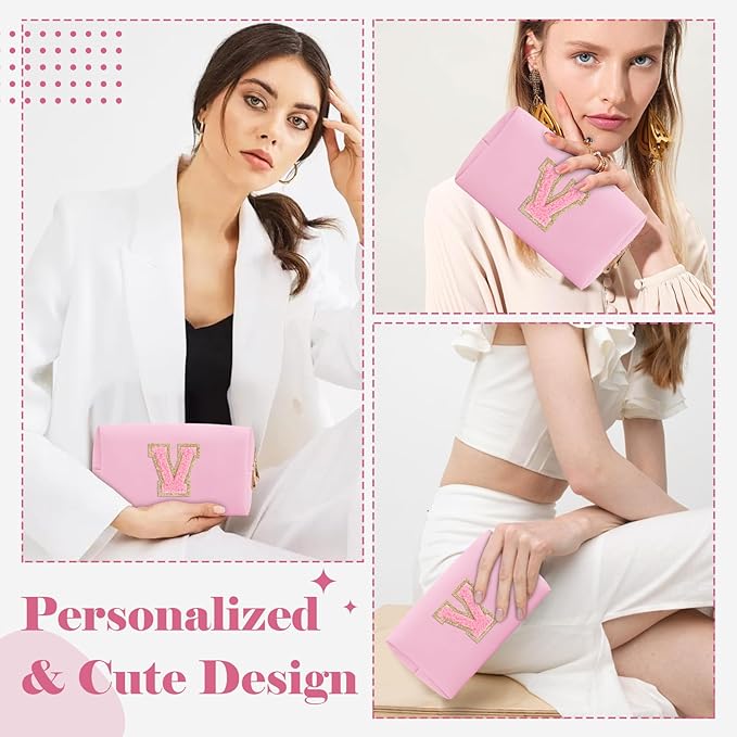 Personalized Initial A-Z Preppy Patch Makeup Bag,Small PU Leather Chenille Letter Cosmetic Bag with Zipper for Teen Girls,Pink Cute Travel Toiletry Bag,Birthday Monogrammed Gift for Daughter,Letter V