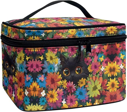 Black Cat Colorful Flowers Pattern Travel Makeup Bag for Women Large Capacity Cosmetic Bag with Zipper and Handle Portable Toiletry Bag Make Up Organizers