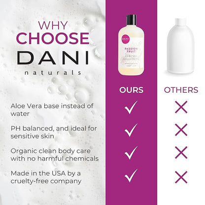 DANI Naturals Moisturizing Body Wash - Sweet Passion Fruit Scent with Organic Aloe Vera & Natural Glycerin - Sulfate & Paraben-Free Shower Gel - 12 oz - Vegan & Cruelty-Free