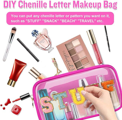 Small Clear Travel Makeup Organizer Bag for Purse, Preppy Makeup Bag Cute Cosmetic Zipper Pouch Purse, Transparent PVC & Nylon Waterproof Toiletry Storage Clutch Coin Pouch for Women Girls(Hot Pink)