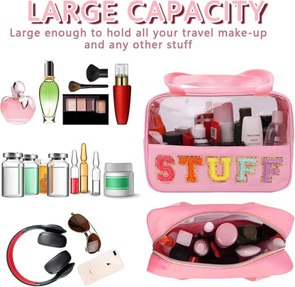Iqimott Chenille Letter Patch Stuff Bag, Preppy Clear Makeup Cosmetic Bag Large Toiletry Storage Tote Bag with Handle, Transparent Nylon Waterproof Organizer Zipper Pouch for Travel Women Girls(Pink)