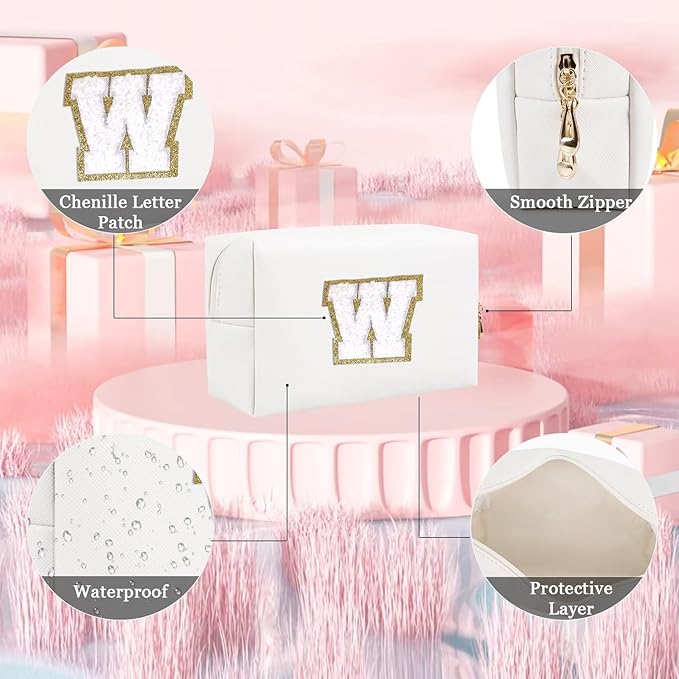 Small Personalized Letter Makeup Bag, Cute PU Leather Chenille Letters Cosmetic Bag Travel Makeup Pouch, Preppy Travel Organizer Zipper Pouch for Women&Girls（White-W）