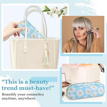 Nylon Small Floral Makeup Bag, Slim Preppy Cute Makeup Brush Case, Waterproof Travel Toiletry Bag, Coin Pouch Make Up Organizer for Women (Blue-Daisy)