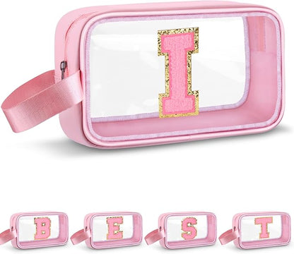Initial Makeup Bag,Letter I Cute Clear Monogrammed Cosmetic Travel Bag for Womens Girls,Personalized Pink Aesthetic Traveling Make Up Organizer Bag for Beach,Waterproof Toiletry Bag