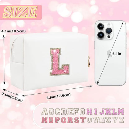 Initial Letter Patch Makeup Bag, Small Preppy A-Z Glitter Letter Cosmetic Bag, PU Leather Waterproof Travel Toiletry Bag, Cute Make Up Pouch Personalized Monogrammed Gift for Women Teen Girls