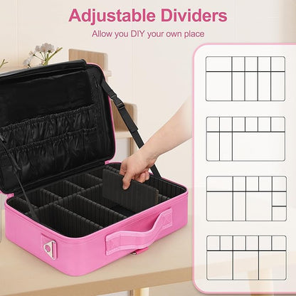Relavel Makeup Case Large Makeup Bag Professional Train Case Travel Cosmetic Organizer Brush Holder Waterproof Makeup Artist Storage Box, 3 Layer Large Capacity, with Adjustable Strap, Rose Pink