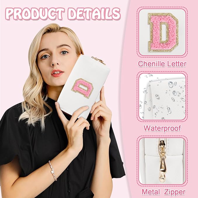 Personalized Chenille Letter Preppy Makeup Bag, Small Cute Mini Travel Cosmetic Bag Initial Toiletry Zipper Pouch Makeup Storage, Waterproof Makeup Case Travel Essentials for Her Daughter(Letter D)