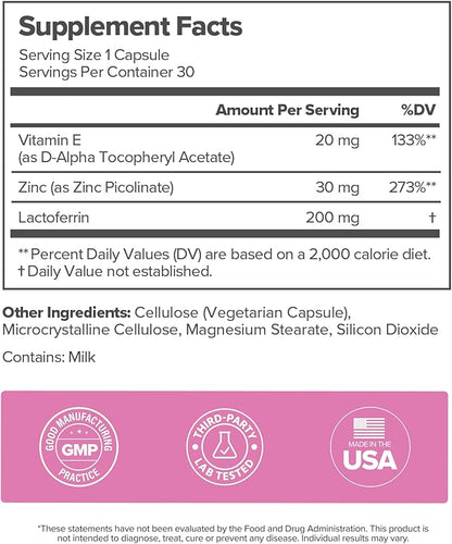O Positiv FLO Acne Capsules – Reduce Number and Severity of Pimples, Whiteheads, Blackheads, and Pustules on Face, Back, and Body – Colostrum-Derived Lactoferrin, Zinc and Vitamin E – 30 Servings