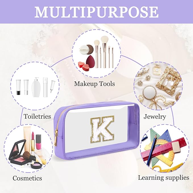 Small Clear Personalized Initial Makeup Bag,Nylon Preppy A-Z Chenille Letter Patch Cosmetic Pouch Beach Toiletry Bag,Waterproof Zip Travel Purse Storage Bag Organizer for Women Girls(Purple-White K)