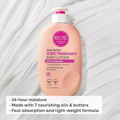 eos Shea Better Body Lotion Pink Champagne, 24-Hour Moisture Skin Care, Lightweight & Non-Greasy, Natural Shea, Vegan, 16 fl oz
