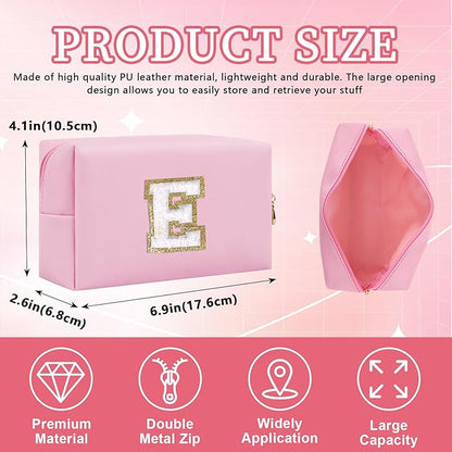 Personalized Initial Letter Patch Makeup Bag, Preppy Portable Chenille Cosmetic Bag with Zipper, PU Leather Waterproof Travel Toiletry Bag Monogram Make Up Pouch for Women Girls
