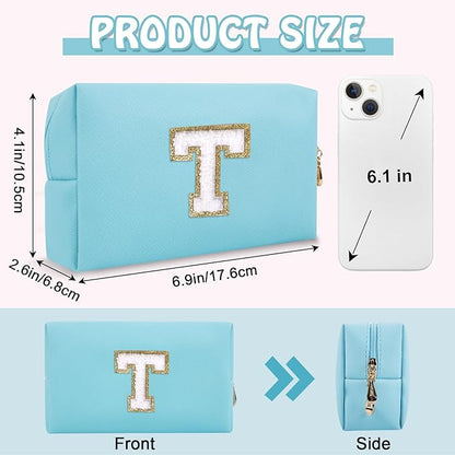 Personalized Small Travel Preppy Makeup Bag, Chenille Letter Blue Cute Makeup Case Initial Cosmetic Pouch Toiletry Organizer, PU Leather Waterproof Makeup Storage Teacher Appreciation Gifts(Letter T)