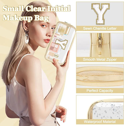 Small Clear Personalized Initial Makeup Bag, Preppy A-Z Chenille Letter Patch Cosmetic Bag, Cute Transparent Nylon Waterproof Zipper Beach Varsity Letter Pouch, Gift for Women Girls(Beige-White Y)