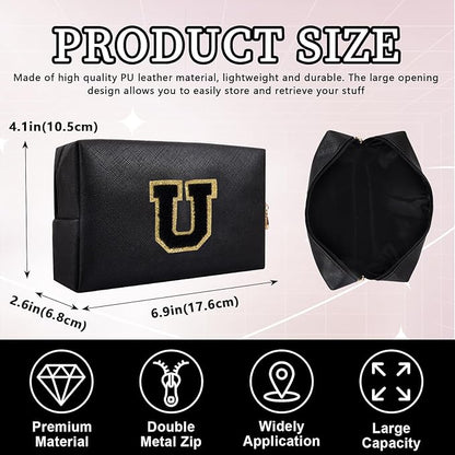Personalized Initial Letter Patch Makeup Bag, Preppy Portable Chenille Letter Cosmetic Bag with Zipper, PU Leather Waterproof Travel Toiletry Bag Monogram Make Up Pouch for Women Girls