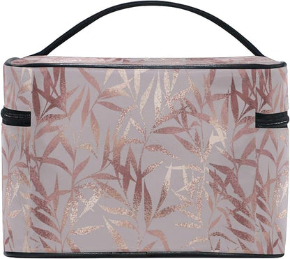 Makeup Bag, Rose Gold Leaves Travel Makeup Organizer Bag Cosmetic Cases Toiletry Bags for Girl Women Ladies