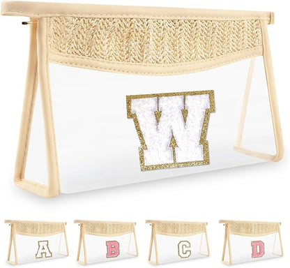 Personalized Initial Letter Bag Boho Straw Clear Makeup Bag,Small Cute Chenille Varsity Letter Bag With Zipper,Beach Travel Toiletry Bag,Portable Monogrammed Cosmetic Bag for Women Girls,W