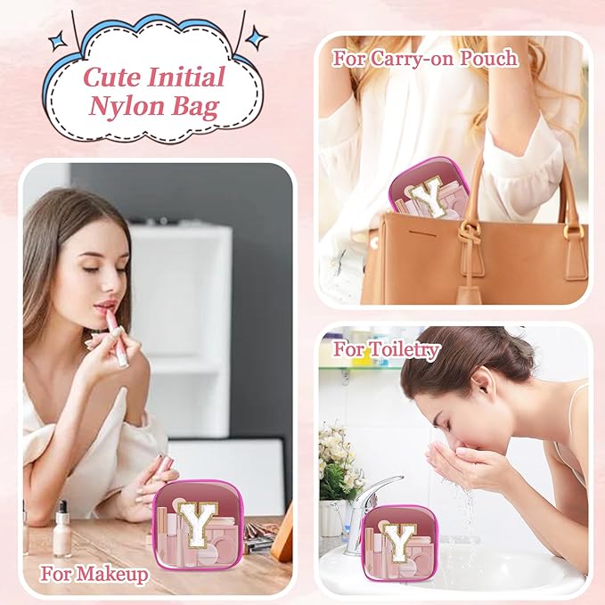 Mini Clear Personalized Initial Makeup Bag, Small Preppy A-Z Chenille Letter Patch Cosmetic Pouch, Transparent PVC & Nylon Waterproof Zip Beach Toiletry Bag,Gift for Women Girls(Hot Pink-White Y)
