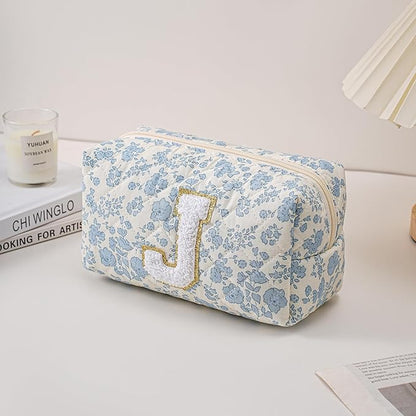 Gleyemor Personalized Initial Makeup Bag for Women, Cute Quilted Blue Floral Cotton Cosmetic Bag, Christmas Gifts for Her Mom Friend Sister Bridesmaid Teacher Women J