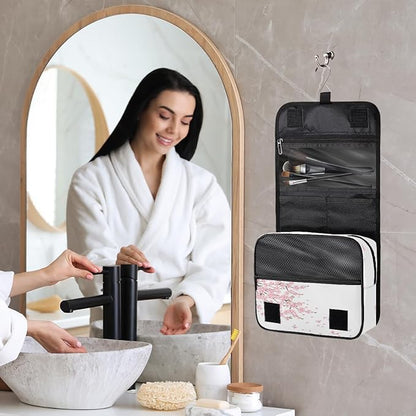 Travel Toiletry Bag for Women & Men Japanese Pink Flower Hanging Cosmetic Organizer Portable Waterproof Makeup Case Make Up Bag with Compartments Travel Essentials for Bathroom Shower