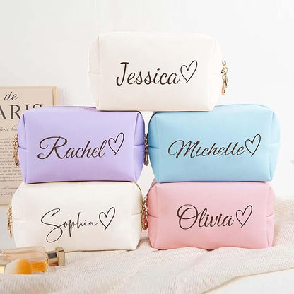 Personalized Makeup Bag with Name & Birth Flower, Custom Leather Cosmetic Bags for Women, Customized Travel Toiletry Bag Gifts for Bridesmaid Wedding