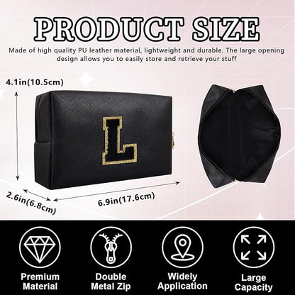 Personalized Initial Letter Patch Makeup Bag, Preppy Portable Chenille Letter Cosmetic Bag with Zipper, PU Leather Waterproof Travel Toiletry Bag Monogram Make Up Pouch for Women Girls(Letter L)