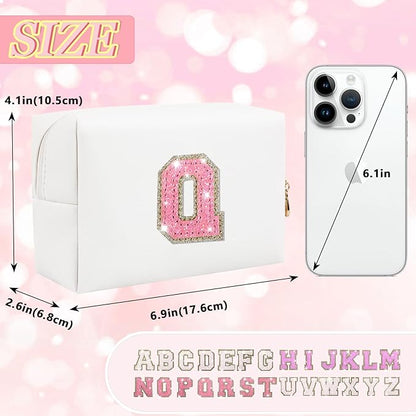 Personalized Initial Makeup Bag, Small Preppy Glitter Letter Cosmetic Pouch PU Waterproof Zipper Travel Toiletry Bag, Unique Letter Patch Makeup Organizer Gift for Women Teen Girls