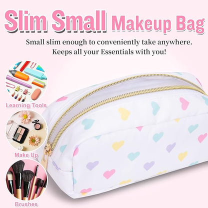 Nylon Small Makeup Bag, Slim Pink Makeup Brush Case, Preppy Cosmetic Zipper Pouch for Purse, Travel Toiletry Bag Clutch Coin Pouch Makeup Organizer for Women Girls (White Heart)