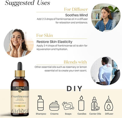 Avatra Frankincense Essential Oil 100ML (3.38 OZ) with Glass Dropper and Travel Bottle, Pure and Natural Therapeutic Grade Frankincense Oil for Diffuser, Aromatherapy, Massage, and DIY Candle Products